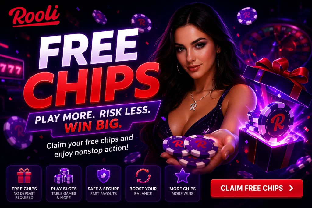 Rooli Casino free chips banner with neon purple design, casino chips, female model, and claim free chips promotion